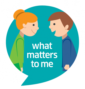 Cartoon of two people having a conversation. One asking the other what matters to them