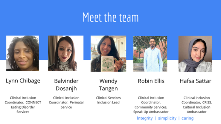 Meet the Clinical Inclusion Team, Leeds and York Partnership NHS Foundation Trust: Lynn Chibage, Balvinder Dosanjh, Wendy Tangen, Robin Ellis and Hafsa Sattar