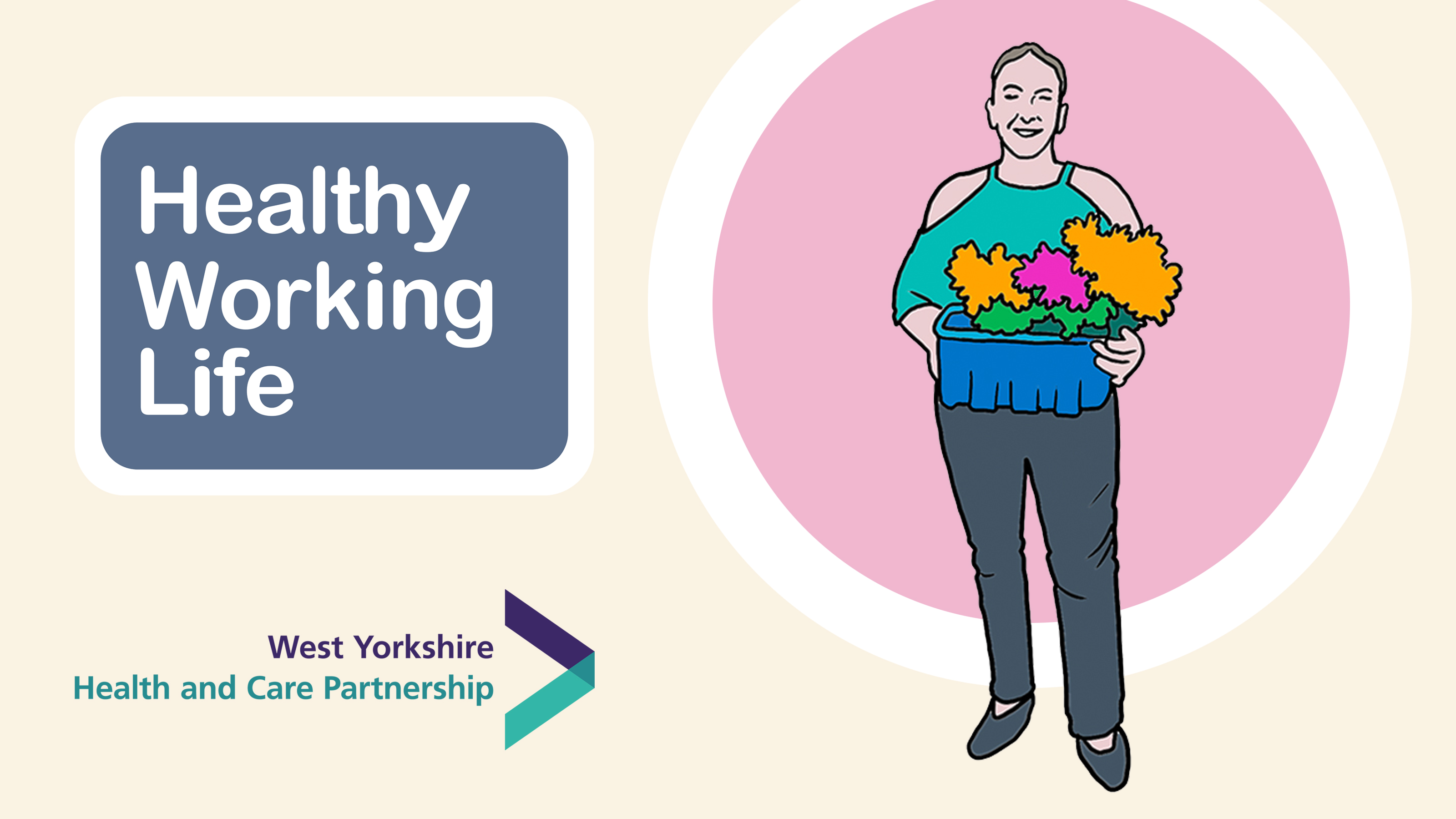 Healthy Working Life graphic showing someone holding flowers
