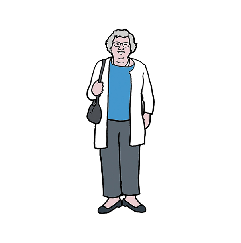 An illustration of a woman standing and holding a bag