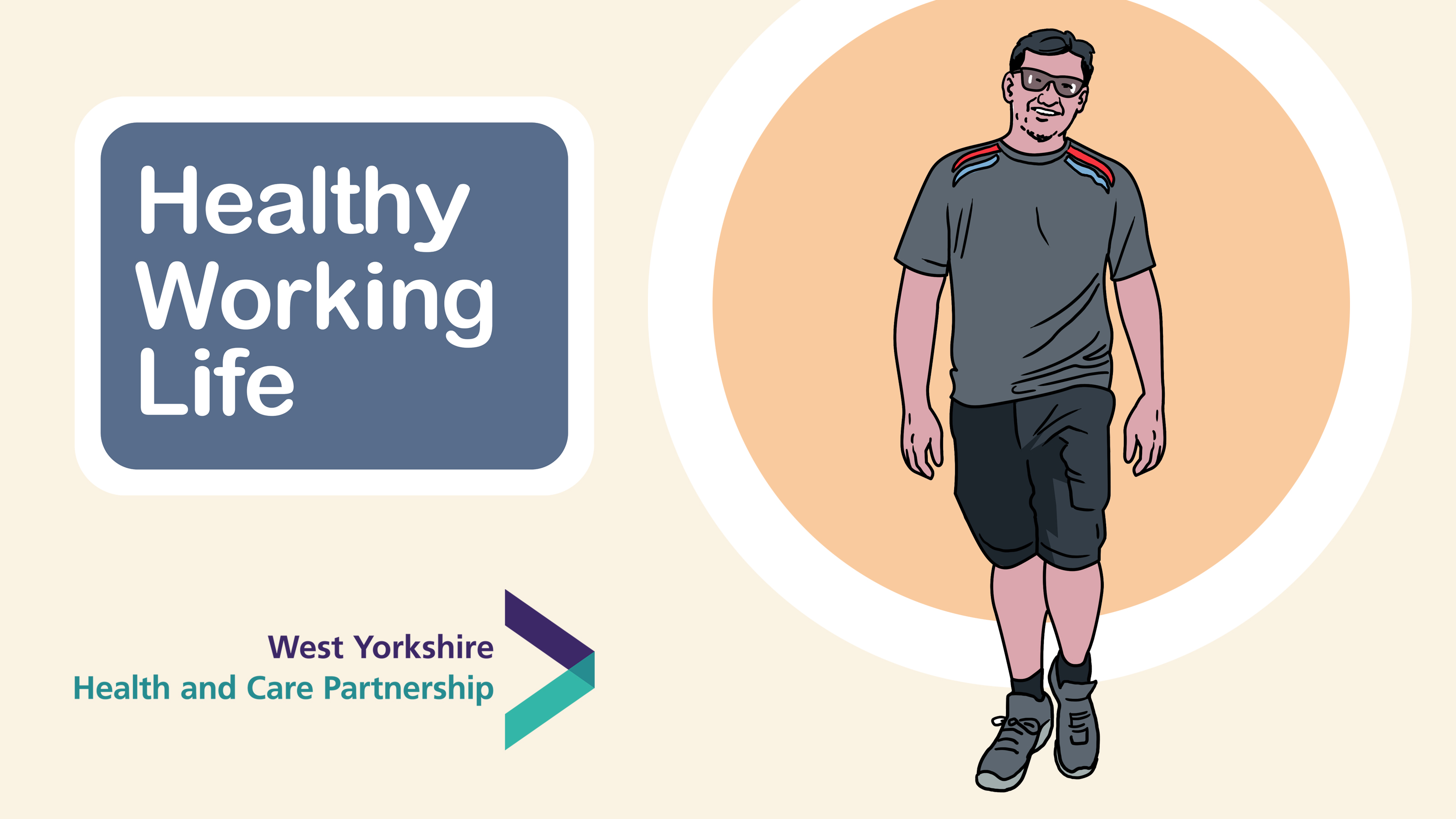 Healthy Working Life image of a man waring glassed, t-shirt, shorts and trainers