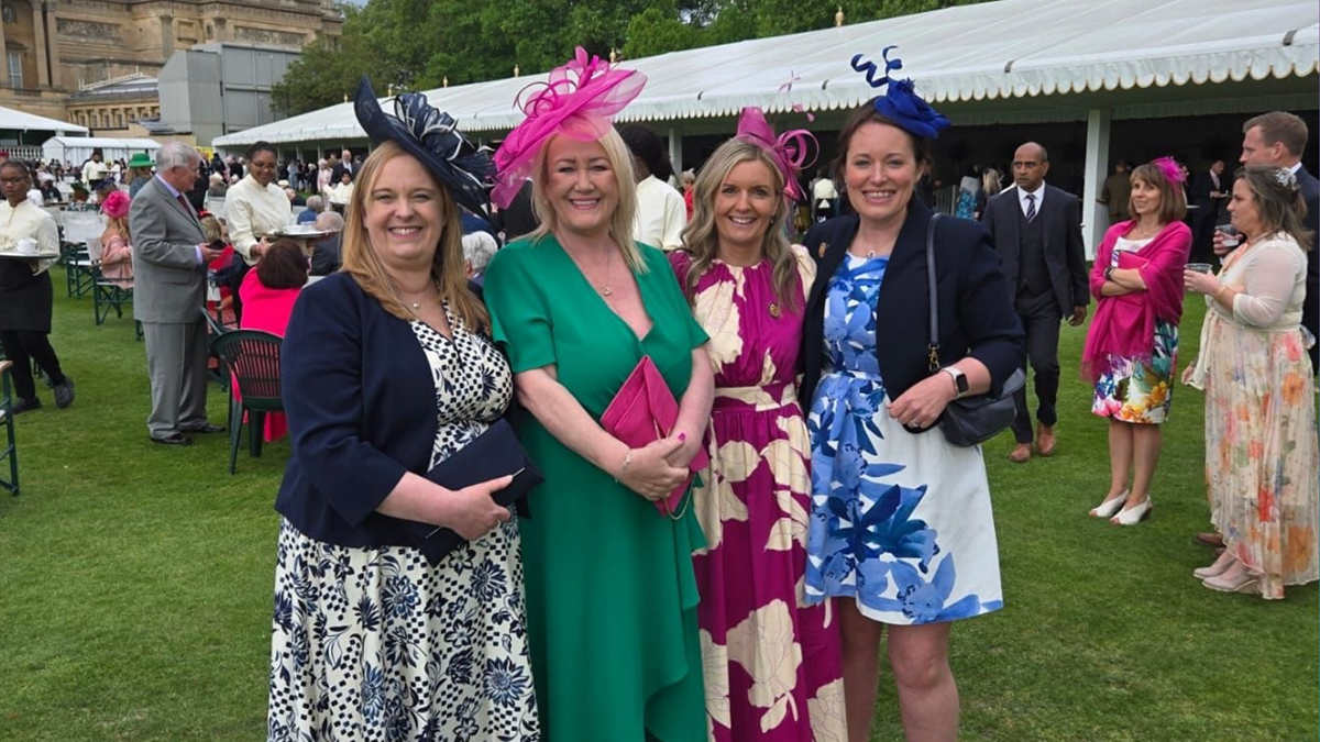 Queens Nurses Gil Marchant, Emma Gaunt, Beverley Calvert and Liz Grogan at Buckingham Palace garden party cropped