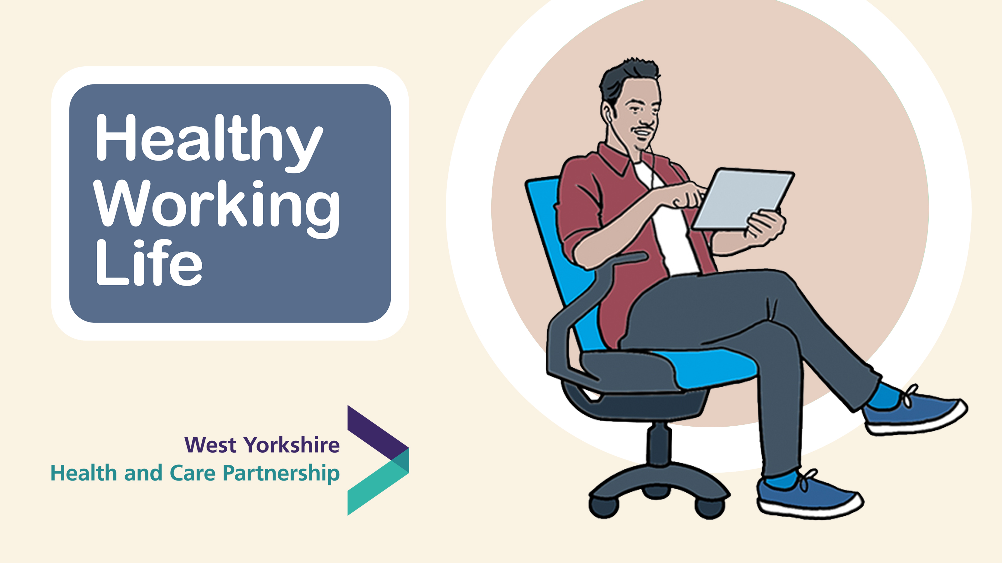 Healthy Working Life graphic man sat in a chair looking at a i-tablet