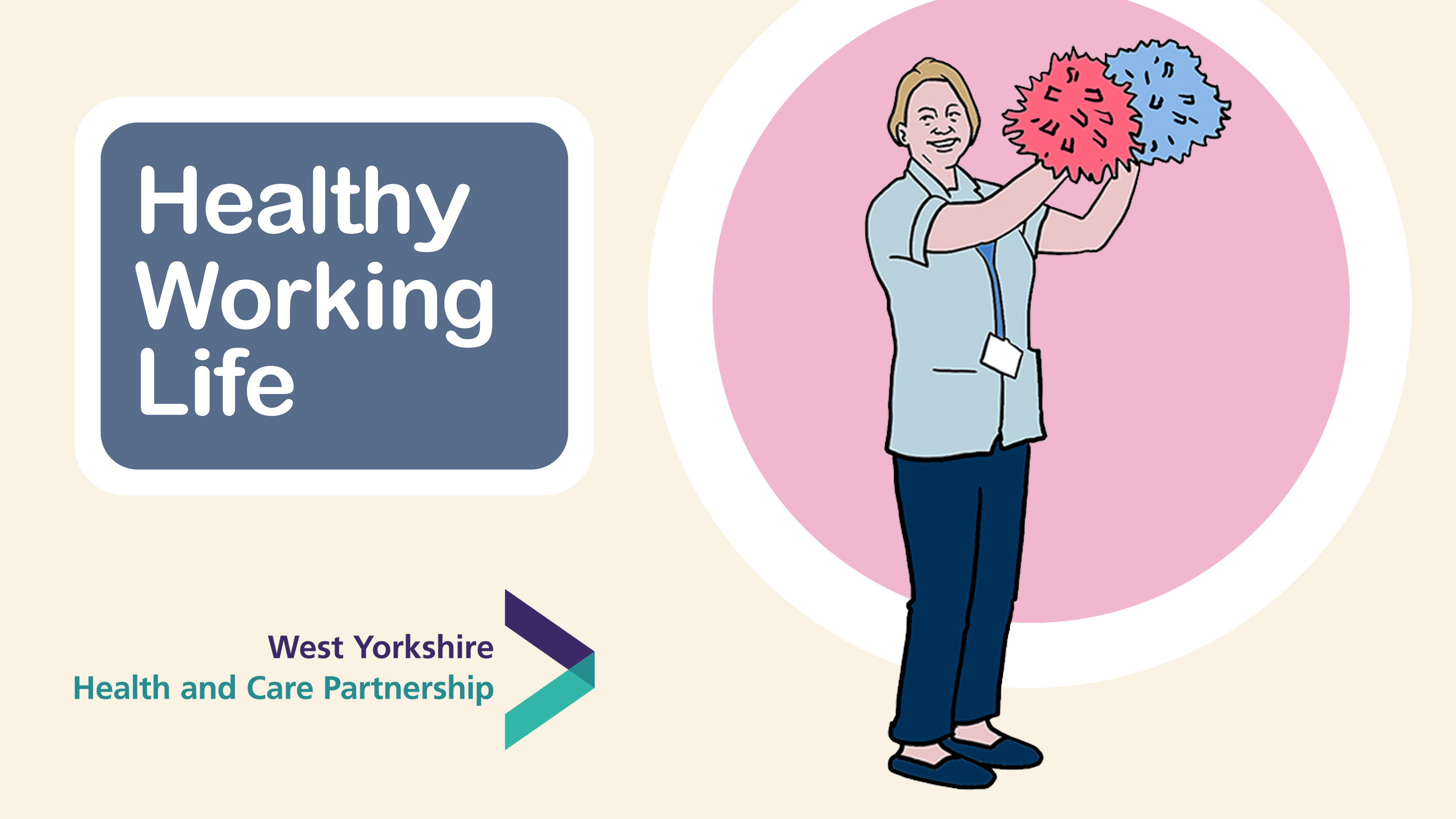 A woman wearing a healthcare uniform - blue top and trousers and waving pom poms