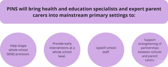 A graphic that reads 'PINS will bring health and education specialists and expert parent carers into mainstream settings.'