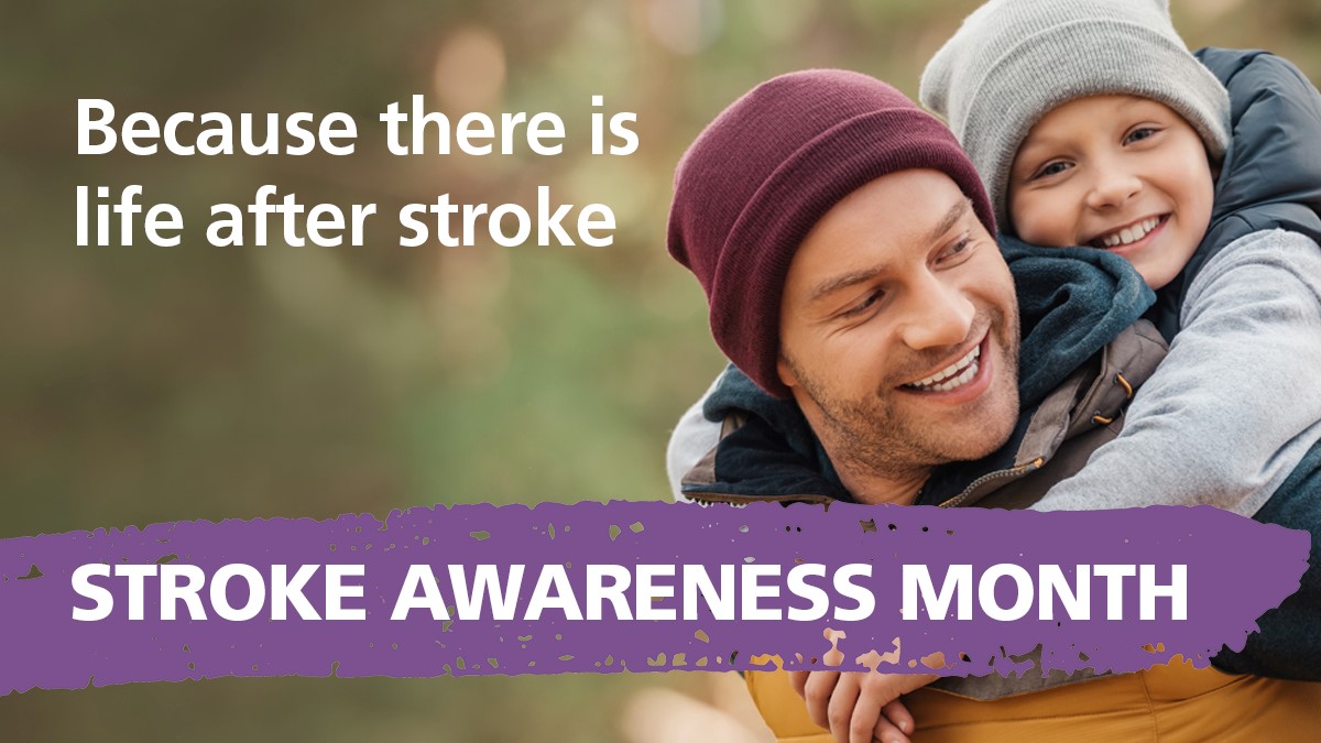 Stroke awareness month image of a man with a young boy on his back both smiling 