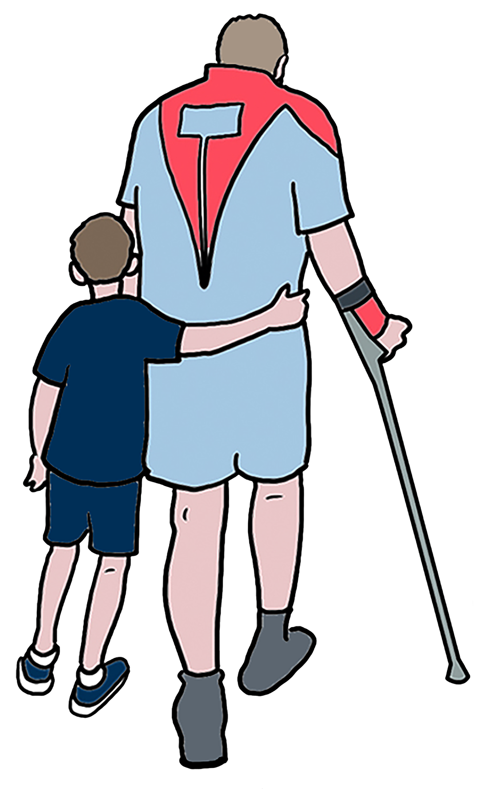 Illustration of a man holding a walking stick with a child supporting him  