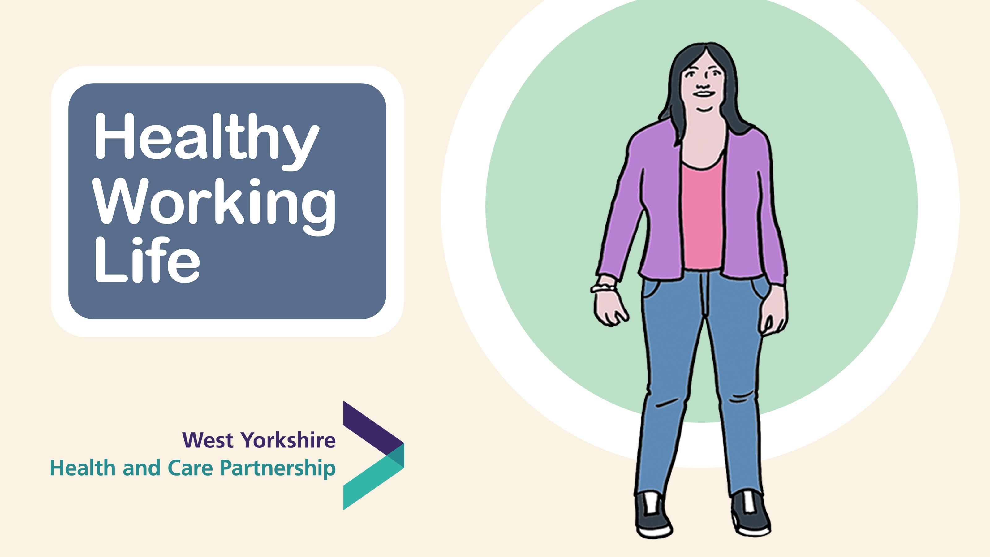 Healthy Working Life graphic of  someone with long dark hair wearing casual clothes