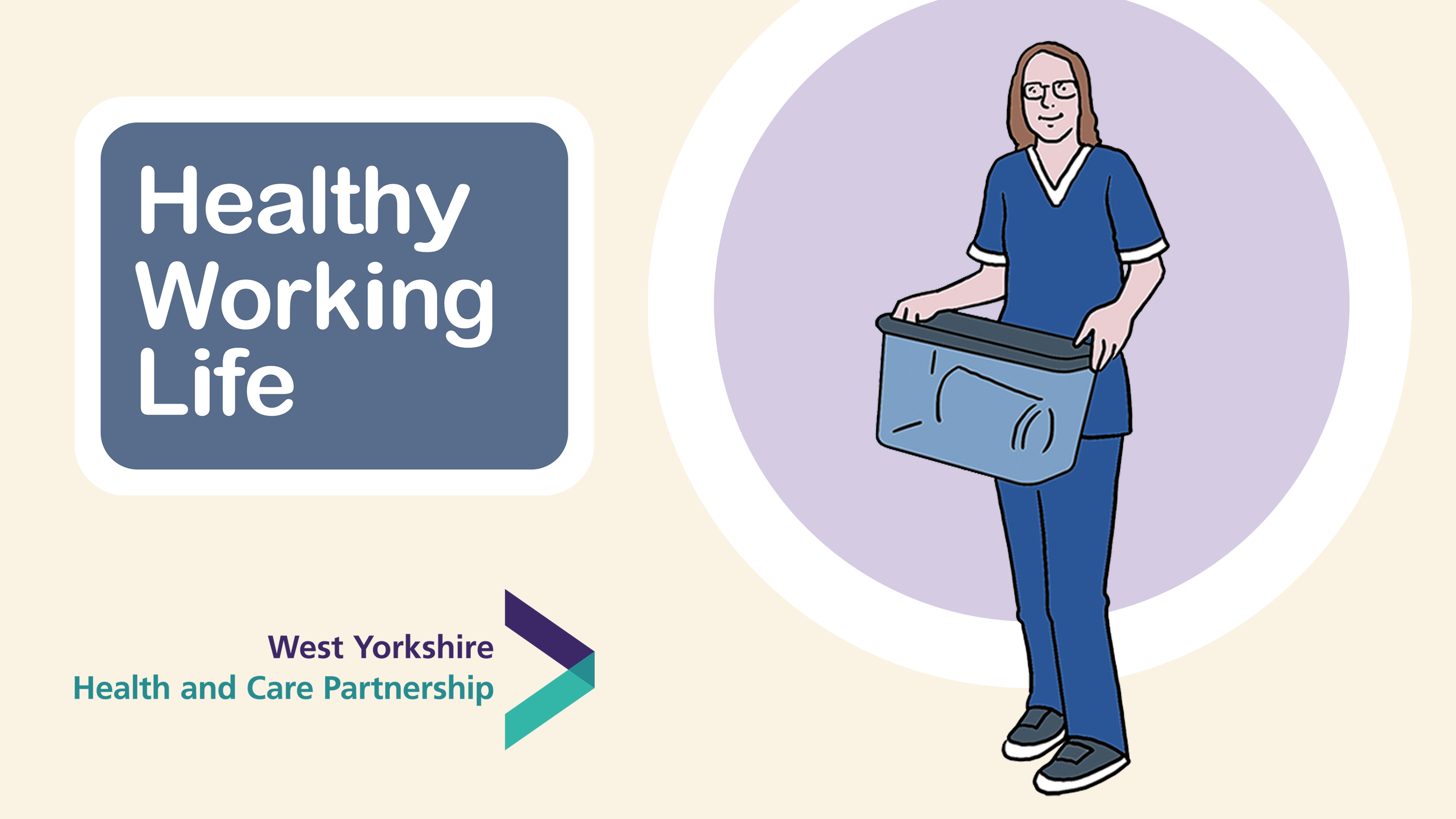 Healthy Working Life woman in scrubs holding a box of equipment