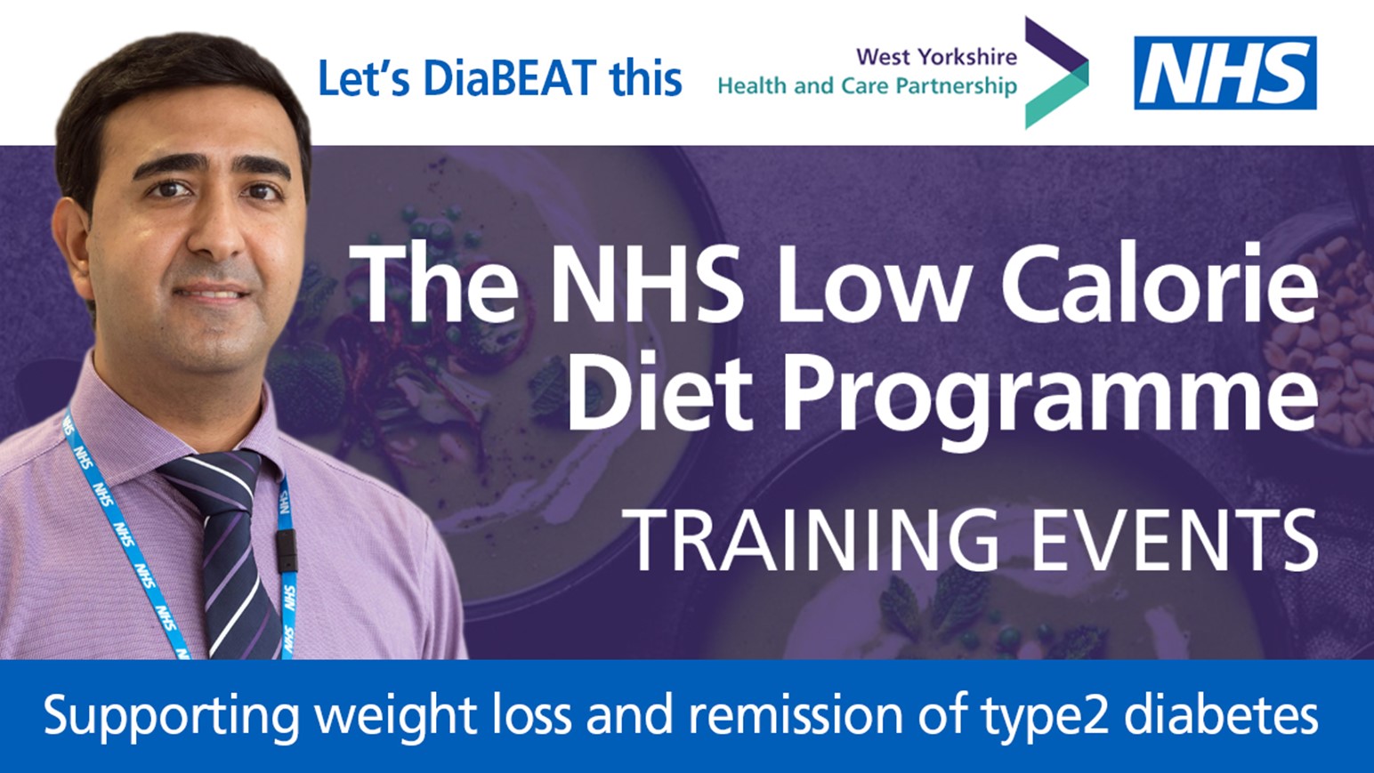 Text reads: NHS Low Calorie Diet Progamme training events, supporting weight lossand remission of type 2 diabetes