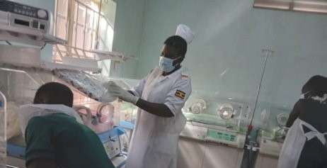 Health and care staff working at an neonatal intensive care unit in Uganda