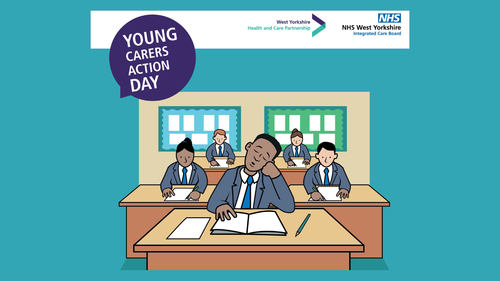 Graphic of child sat at school desk with the text "Young Carers Action Day"