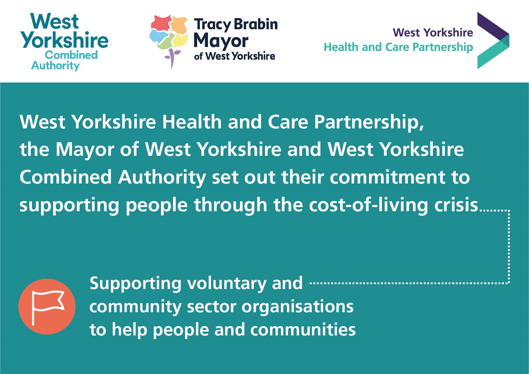 West Yorkshire Health and Care Partnership, the Mayor of West Yorkshire and West Yorkshire Combined Authority set out their commitment to support people through the cost-of-living crisis. Supporting voluntary and community sector organisations to help people and communities.