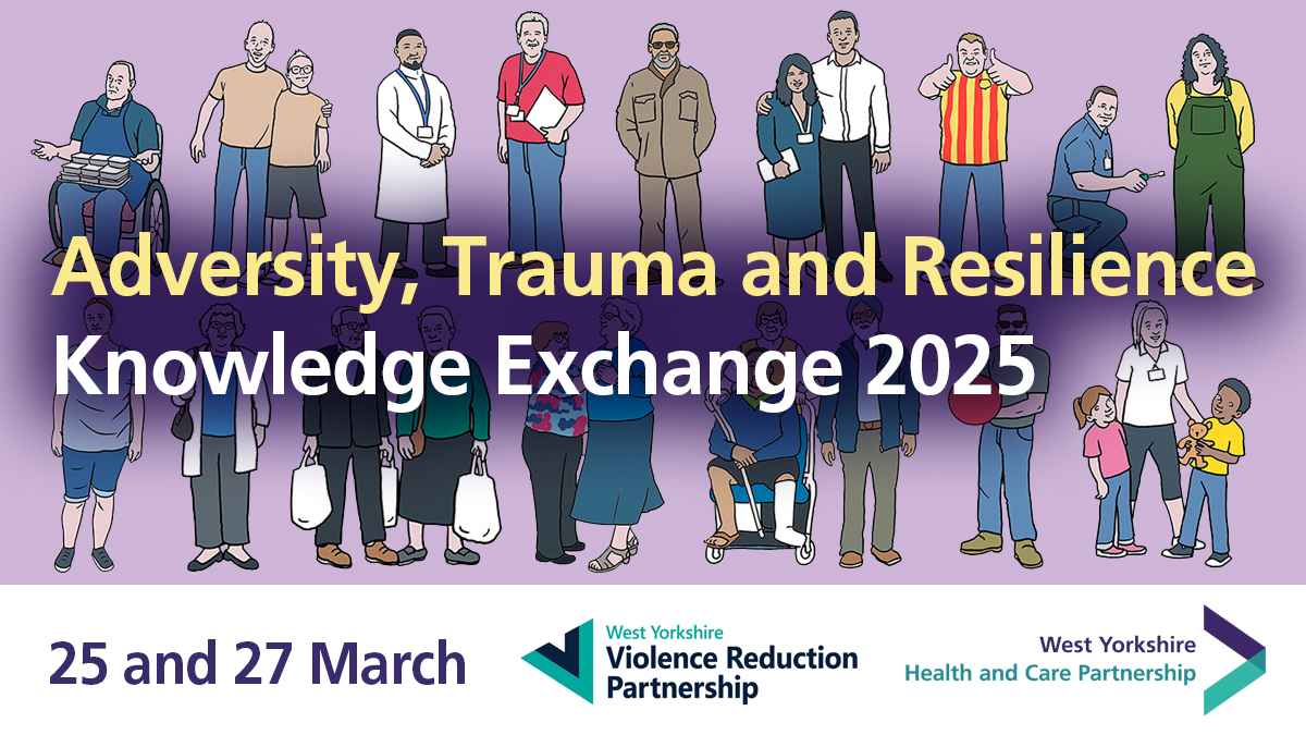 Animated characters on purple background  Text: Adversity, Trauma and Resilience Knowledge Exchange