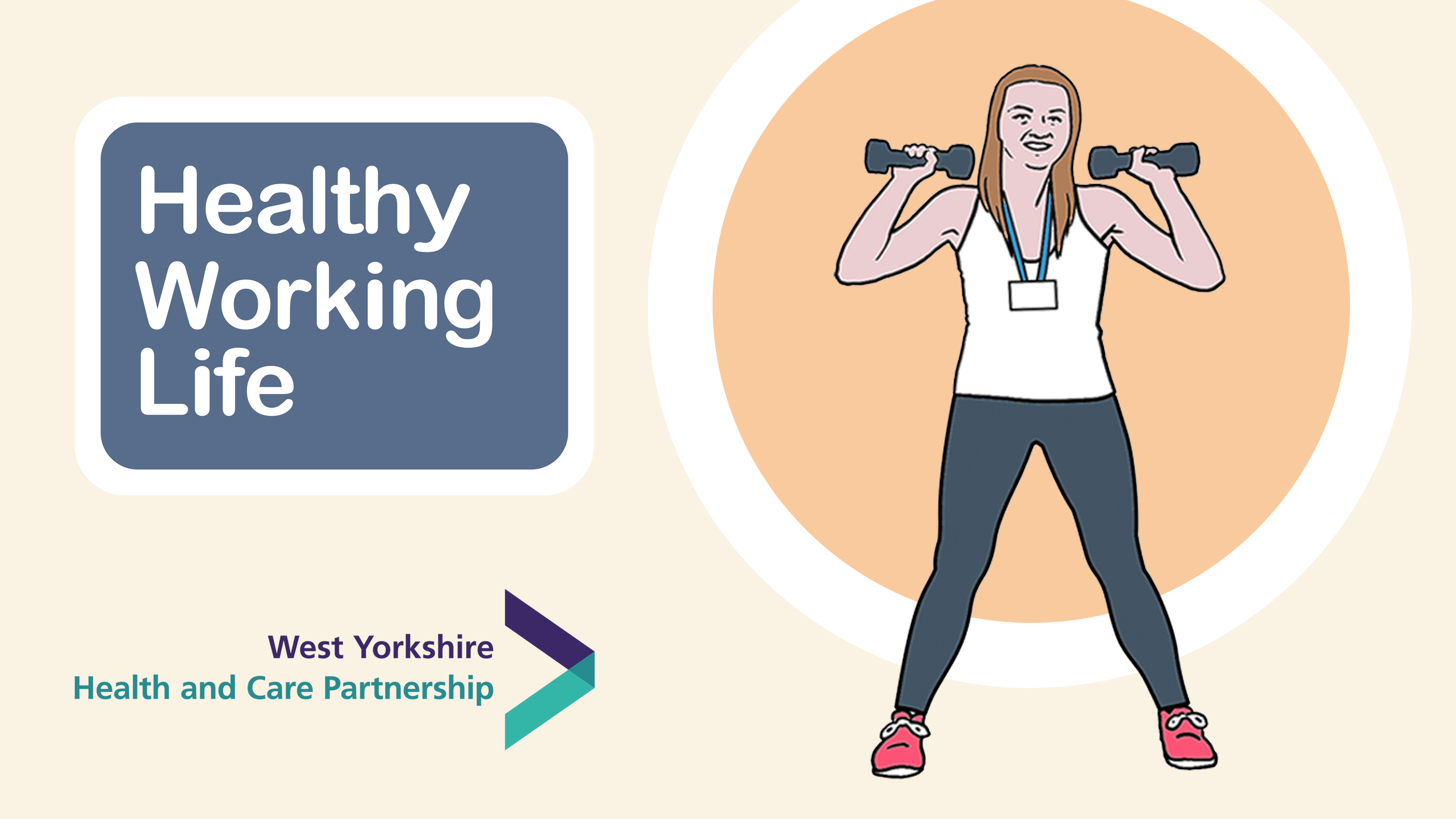 Healthy Working Life graphic of woman lifting light weights above head