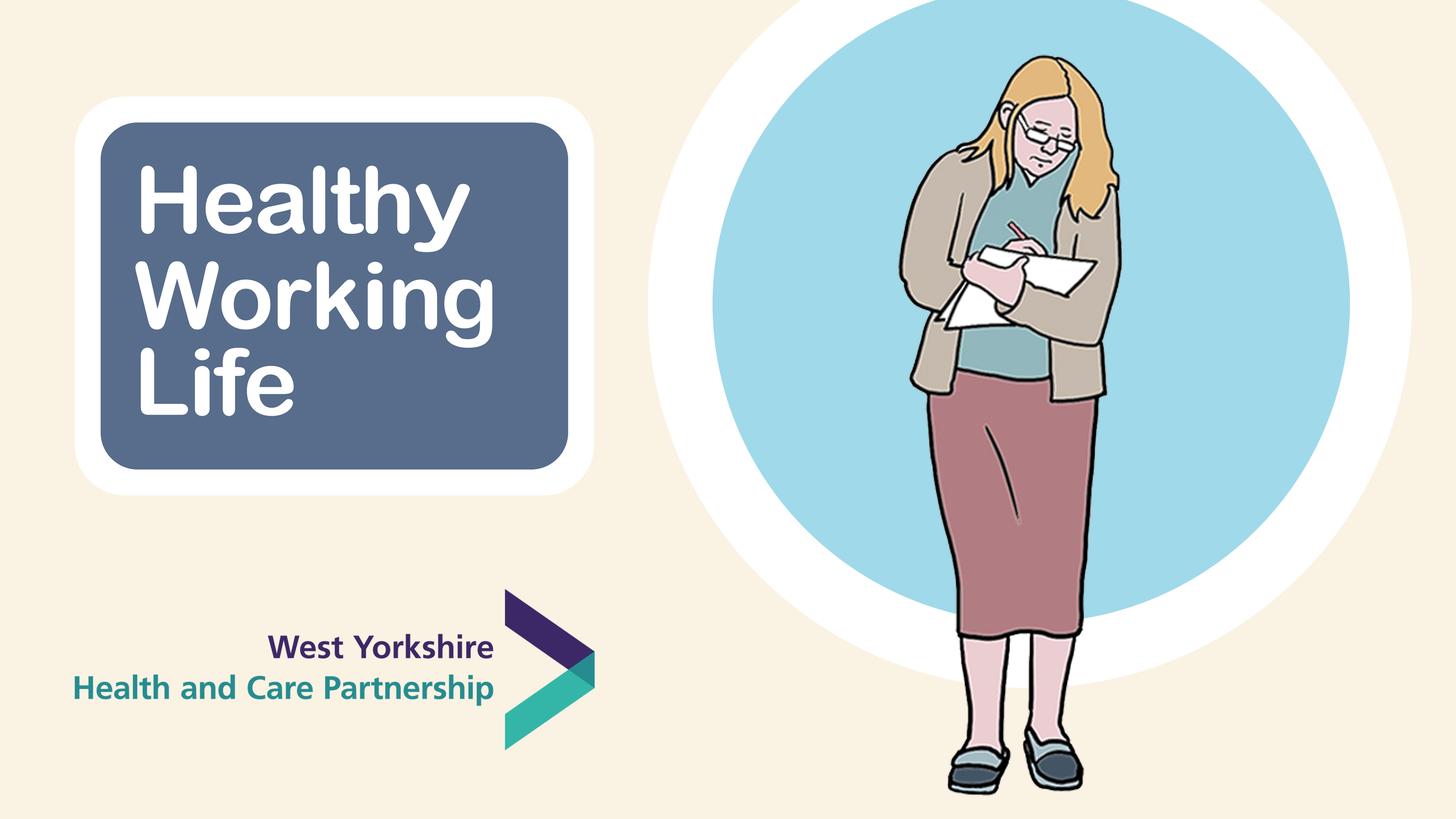 Healthy Working Life Graphic shwing illustration of a woman writing on a note pad