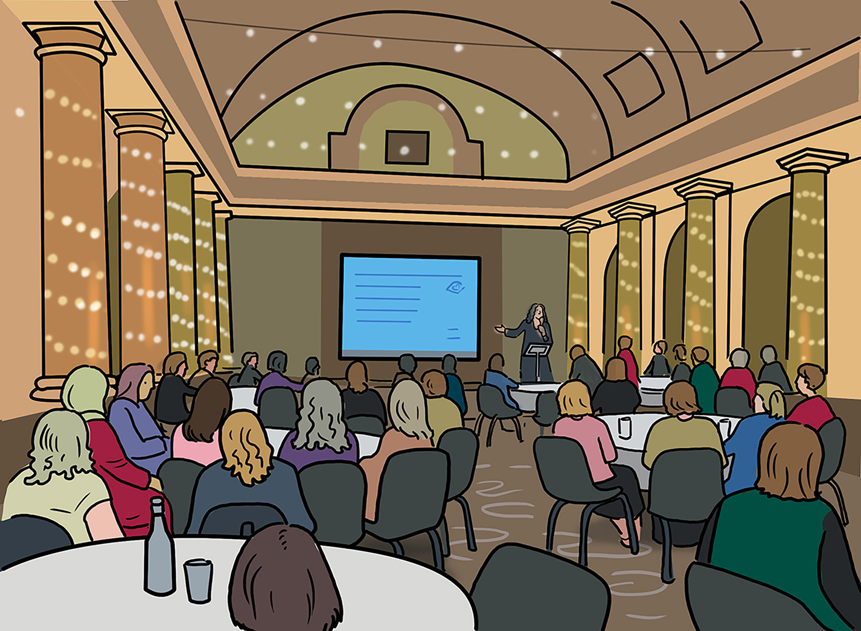 An illustration of the first Neurodiversity Summit of people listening to a speaker in a big hall.