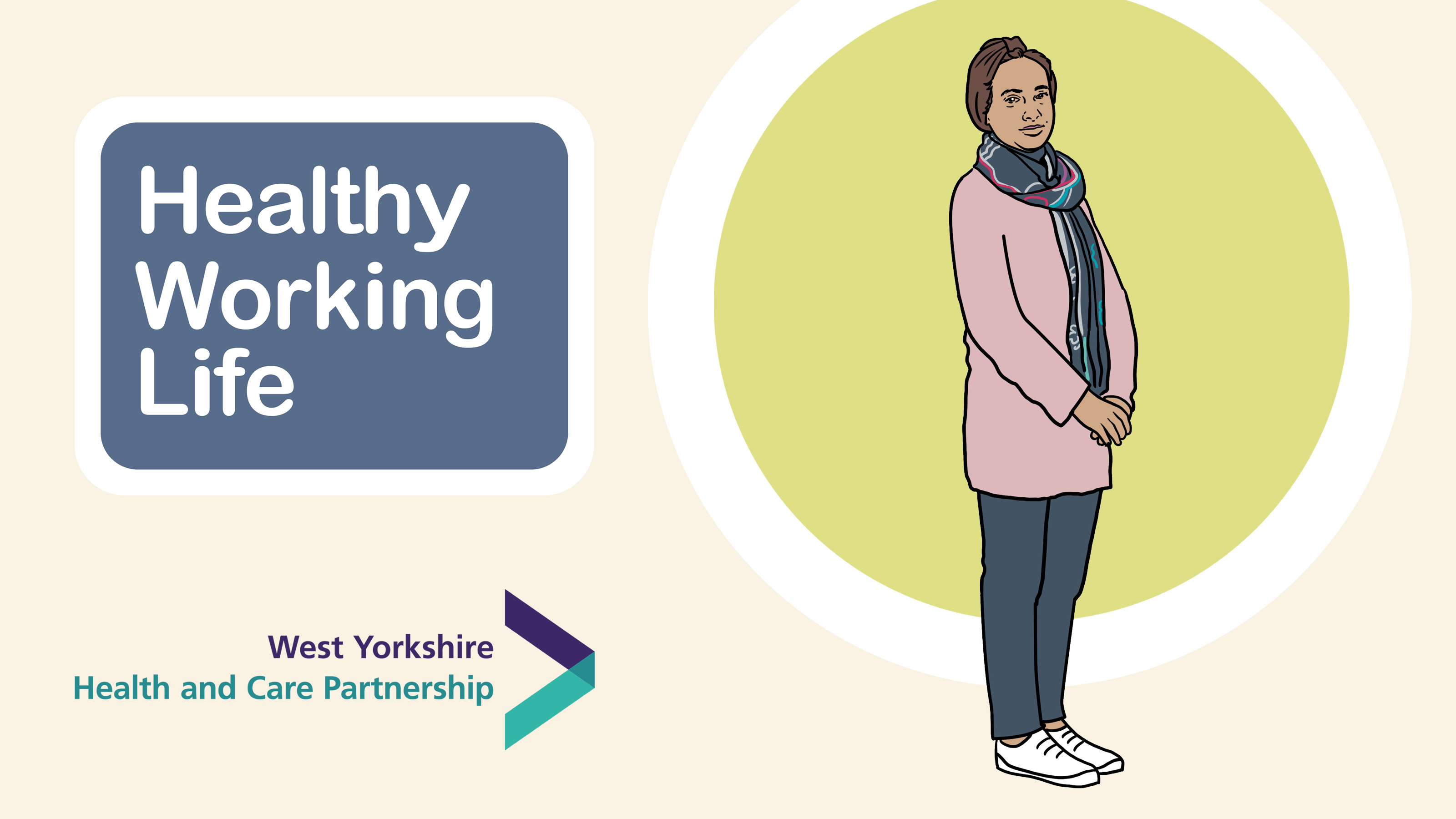 Healthy Working Life graphic showing a woman wearing head scarf, scarf, pink top, trousers and trainers