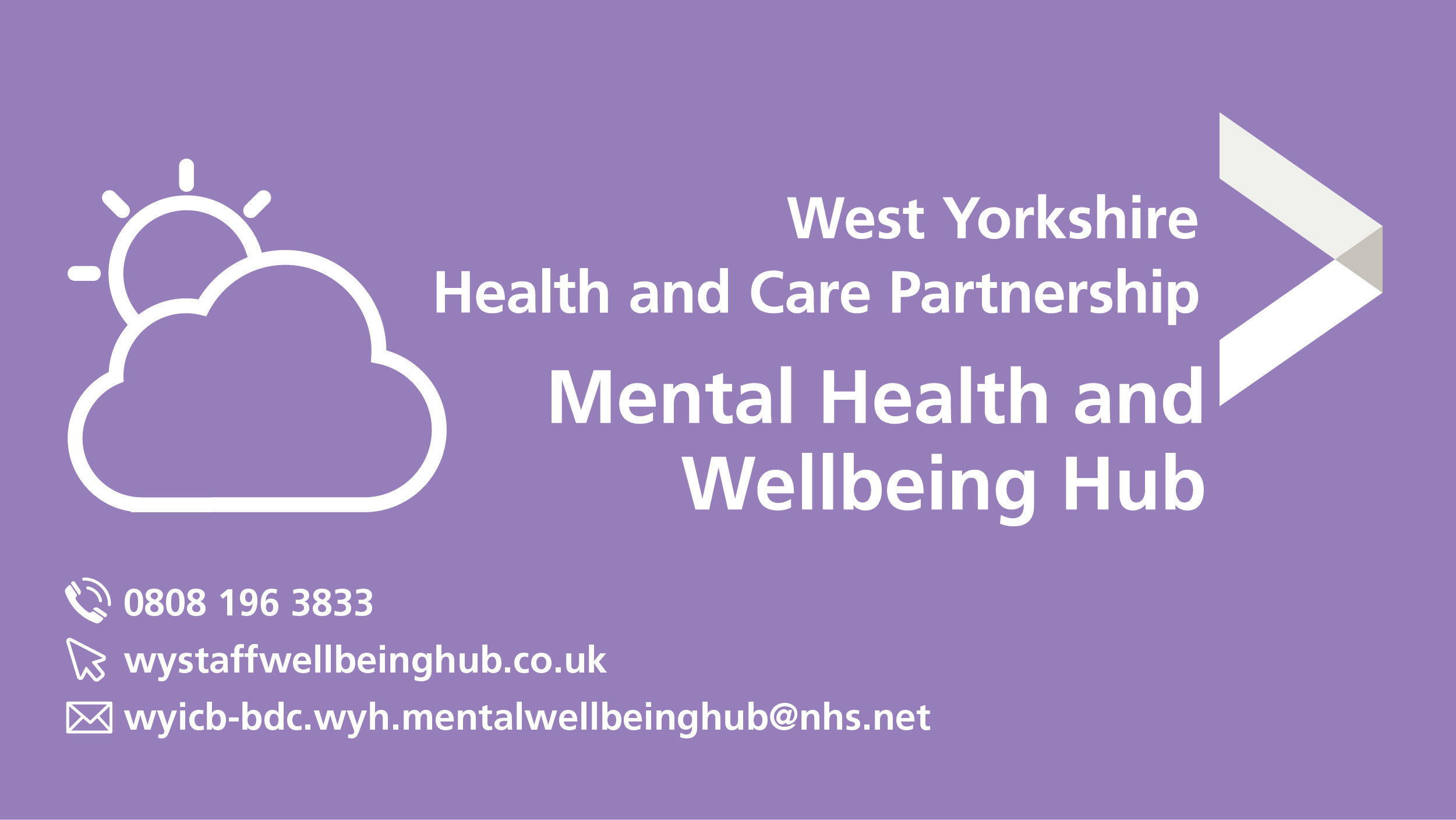 Staff mental health and wellbeing hub logo and contact details. Call 0808 1963833 or visit wystaffwellbeinghub.co.uk