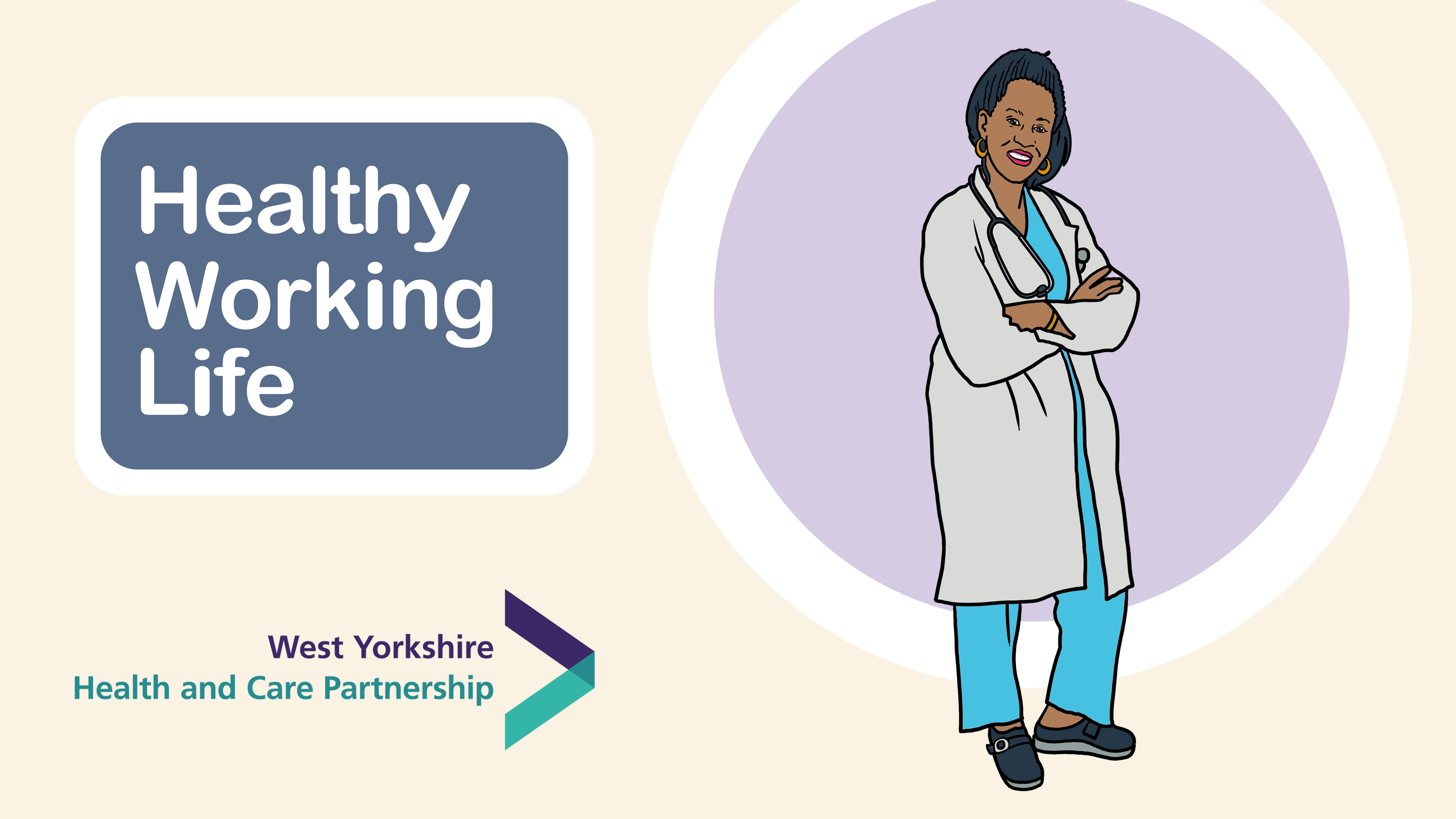 Healthy Working Life graphic of woman in medical white coat