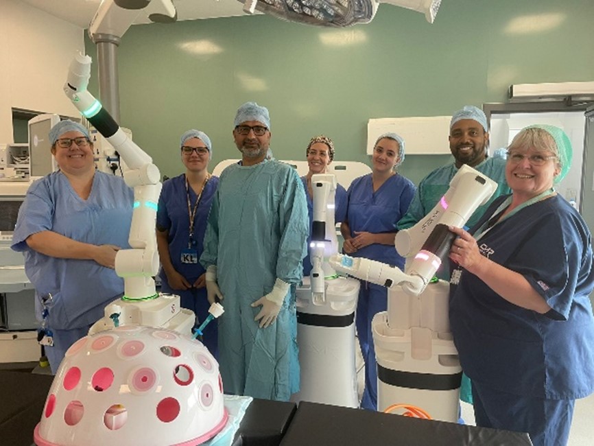 Huddersfield Royal Infirmary surgical staff with the robot