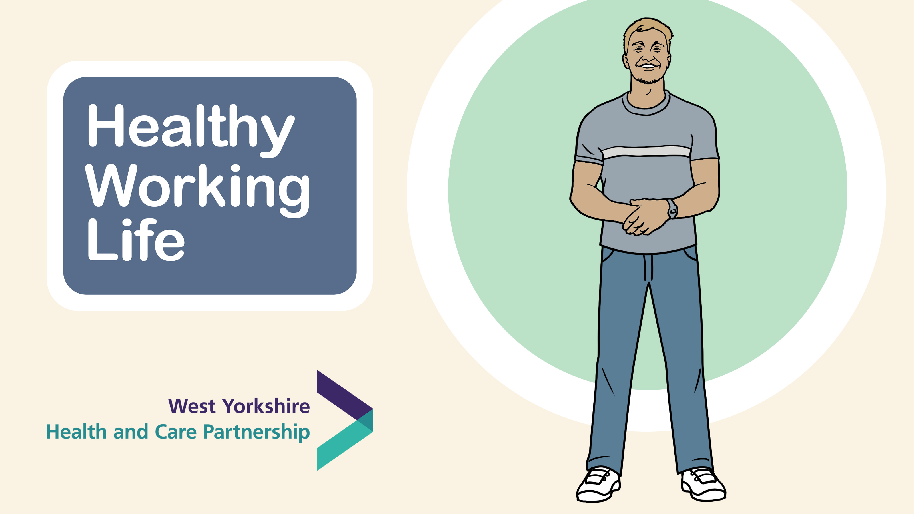 Healthy Working Life graphic showing a man wearing a grey t-shirt, jeans and trainers