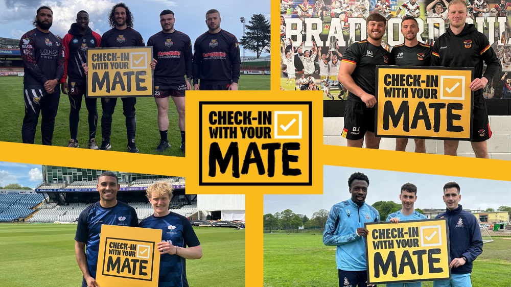 Collage of images from Bradford sports clubs with players holding 'Check In With Your Mate' signs.