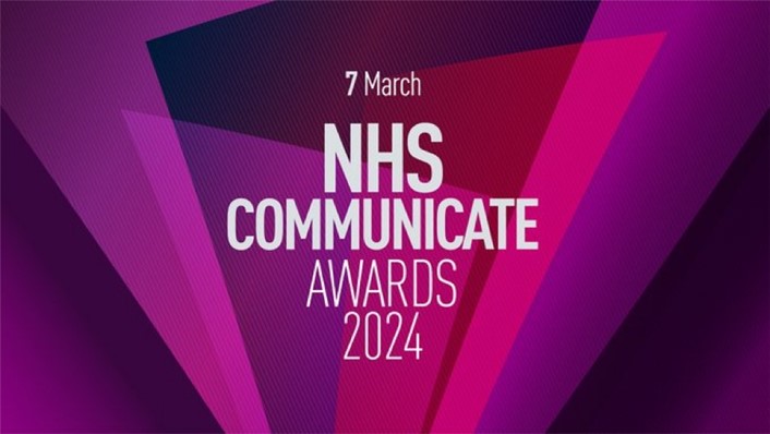 Image shows pink and purple background with the words, in white writing, March 7 NHS Communicate Awards 2024.jpg