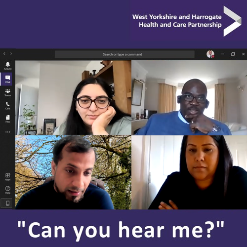 "Can you hear me?" podcast guests Sasha, John and Ash on a video call with presenter Sayma