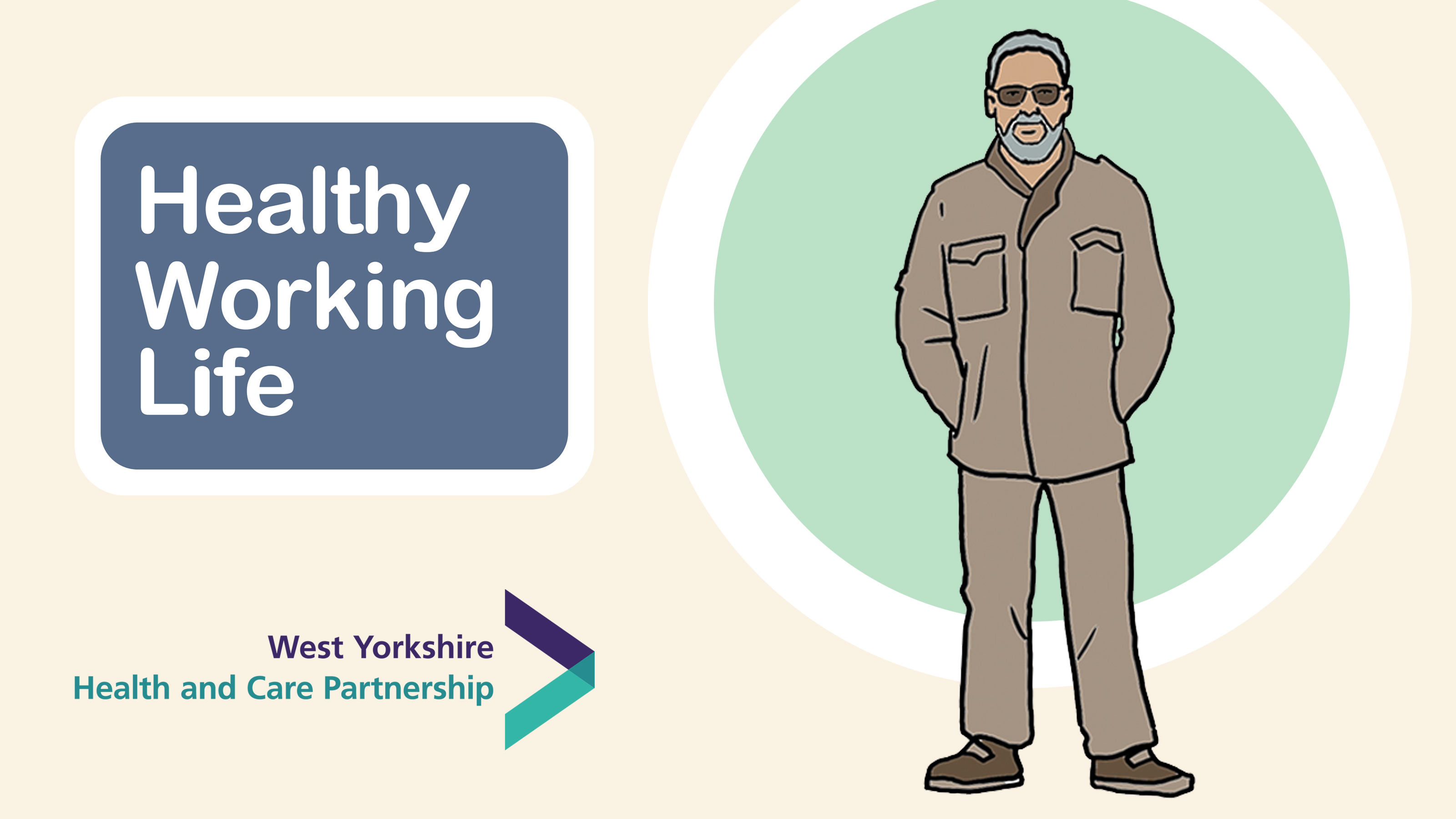 Healthy Working Life graphic shpwing a man wearing a brown jacket and trousers