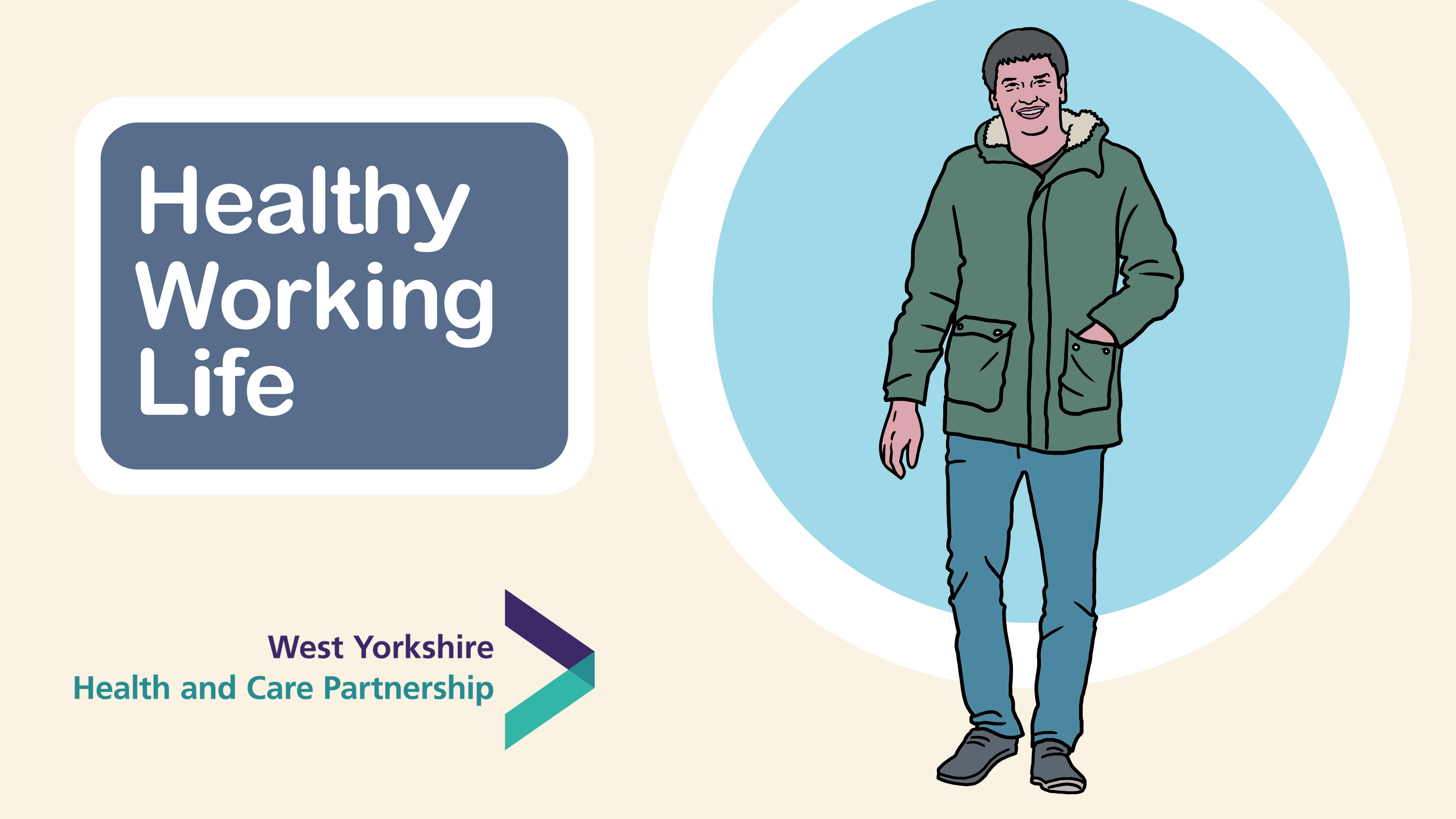 Healthy Working Life illustration of person dressed in coat and jeans