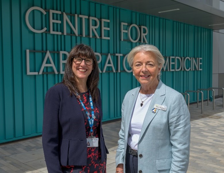 Cathy Elliott and Dame Linda Pollard at The Centre for Laboratory Medicine