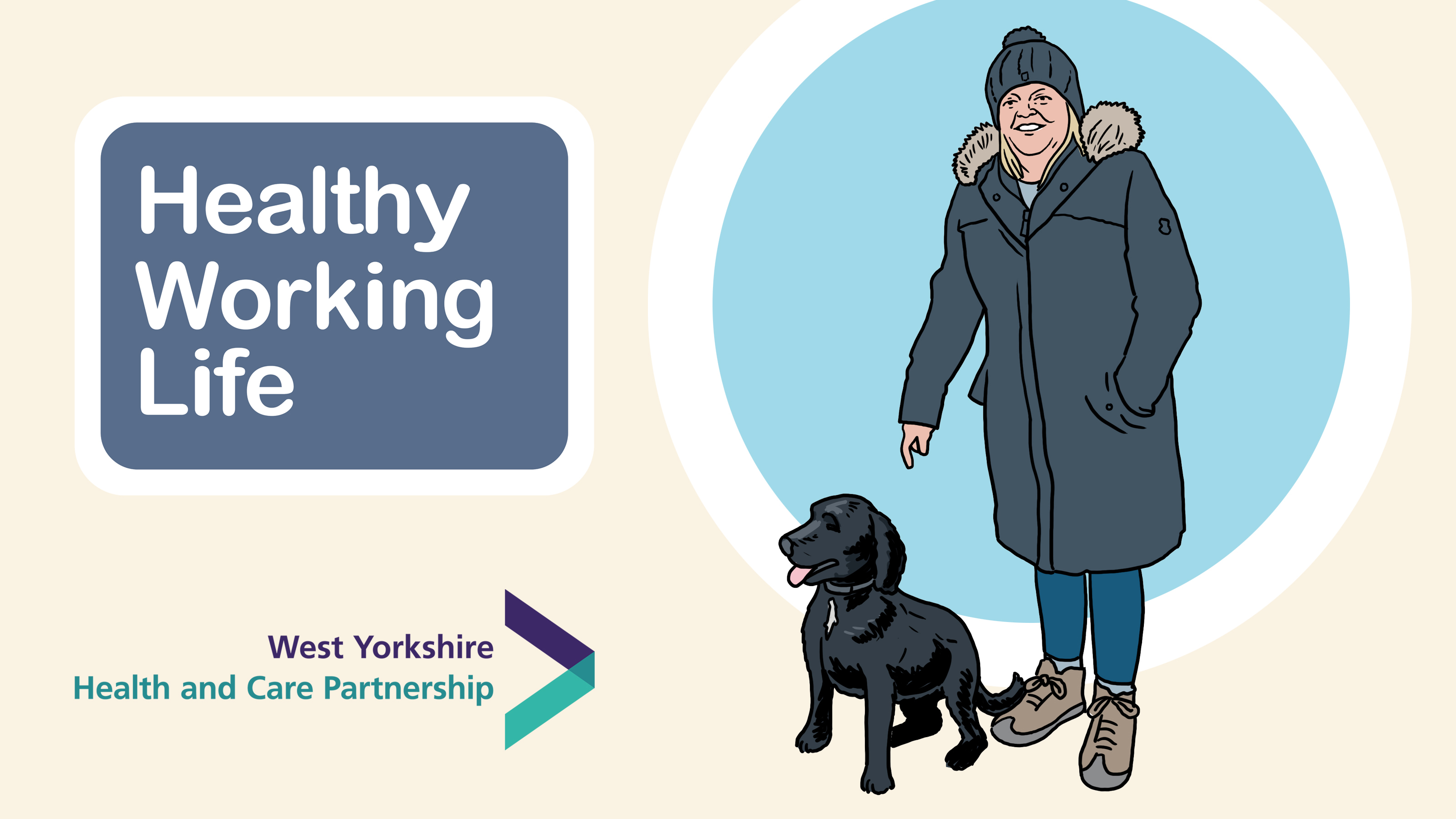 Woman wearing a hat and coat walking a dog