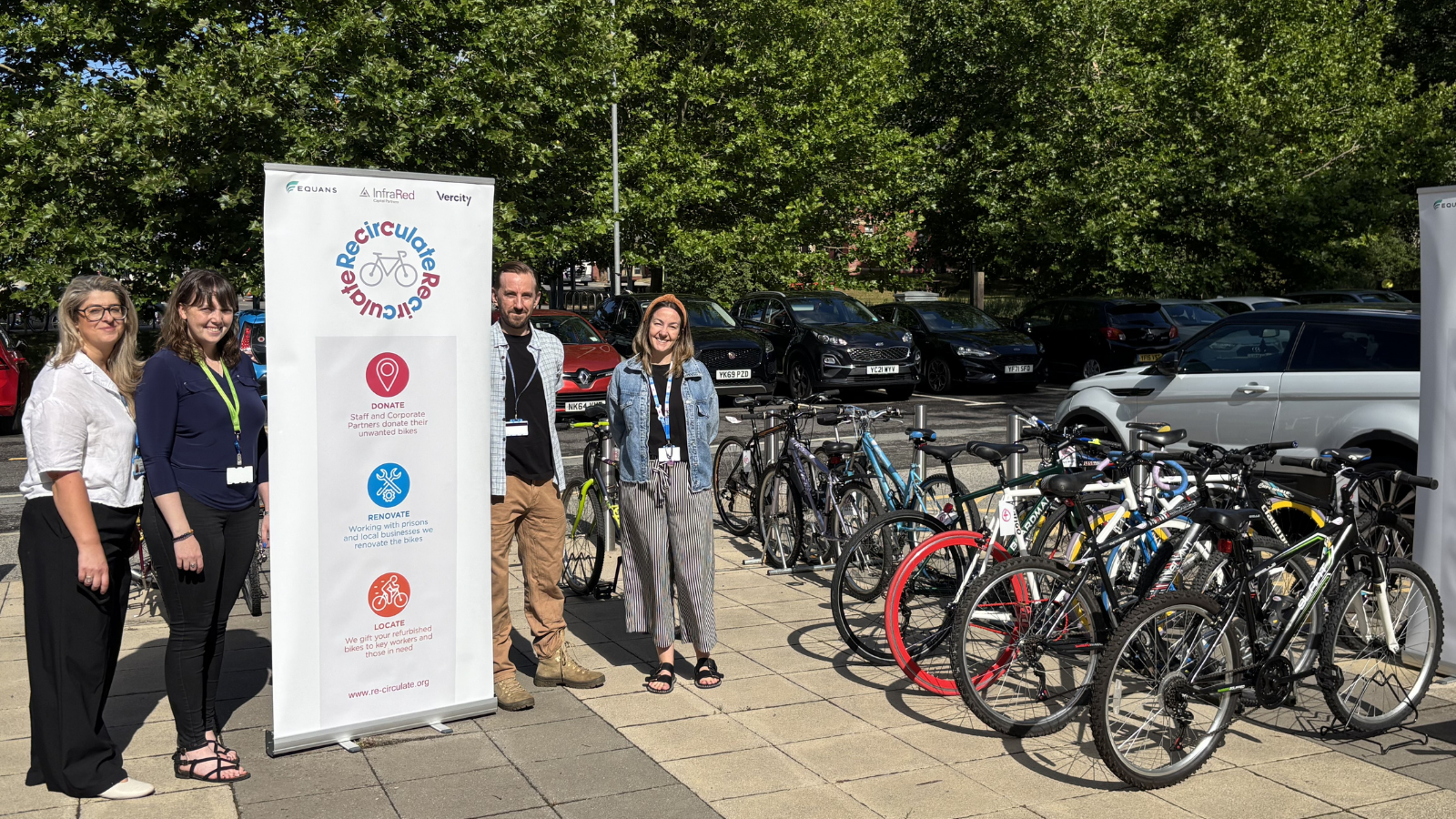 Image of group of people next to bikes with sign that reads Recirculate