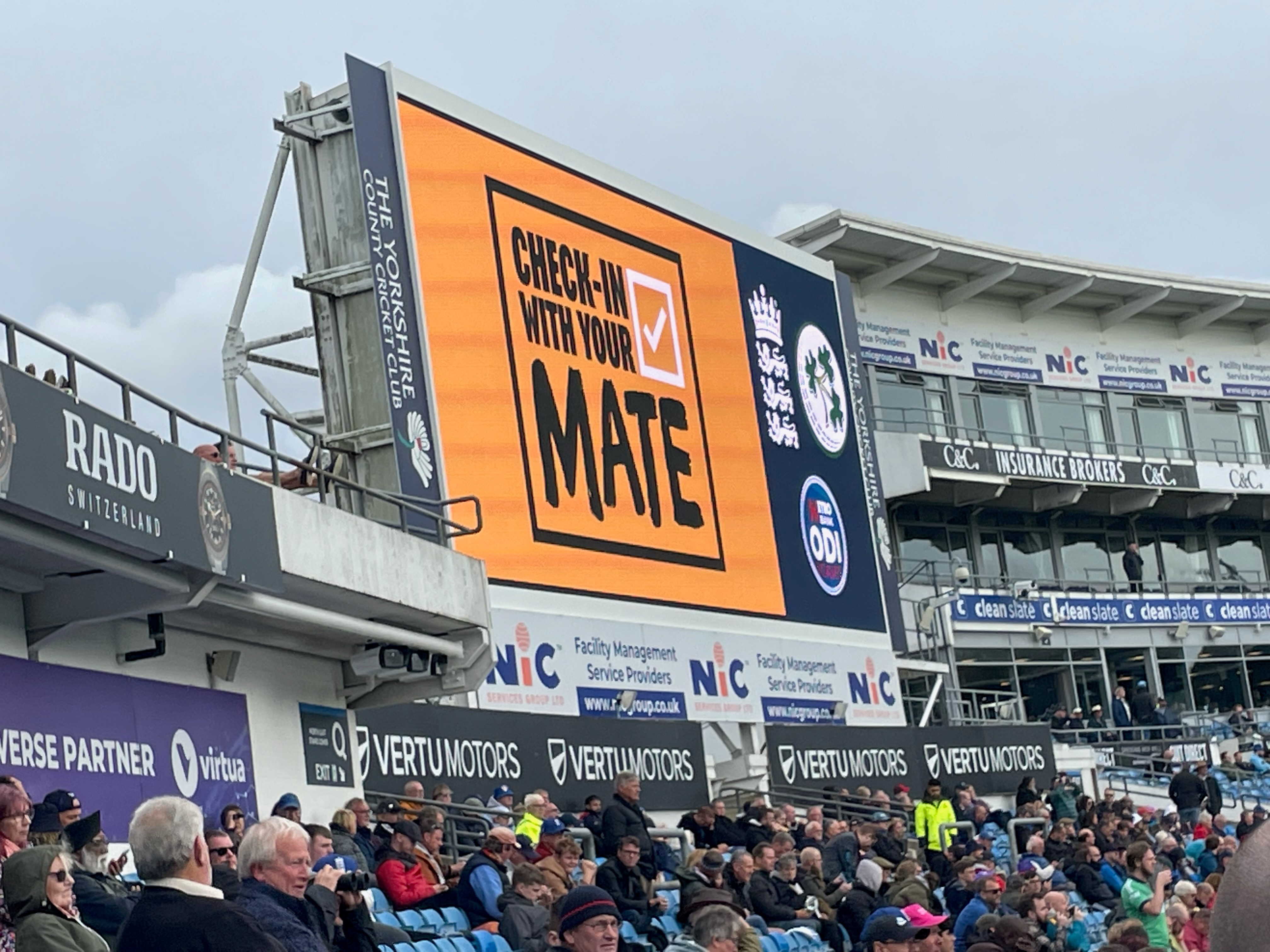 The giant screen at Headingley Stadium showing the Check In With Your Mate logo.jpg