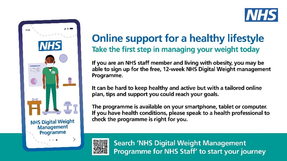 NHS Digital Weight Management Programme graphic - Online support for a healthy lifestyle. Take the first step in managing your weight today