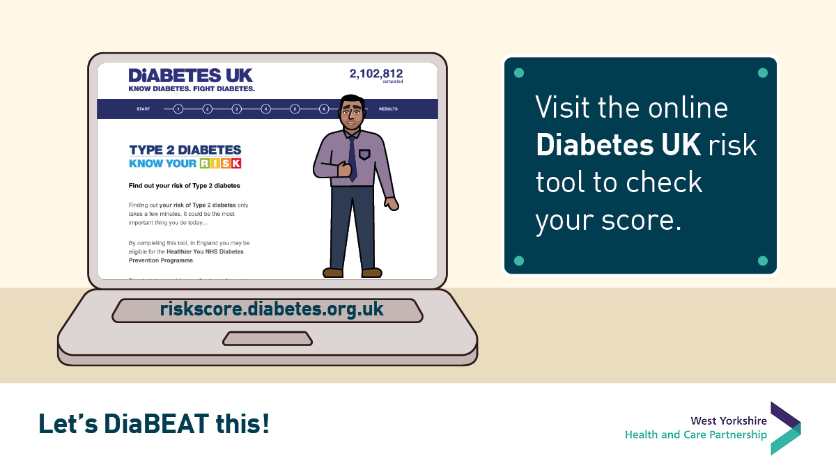 A computer with a cartoon character on it  Visit the online Diabetes.UK risk tool to check your score