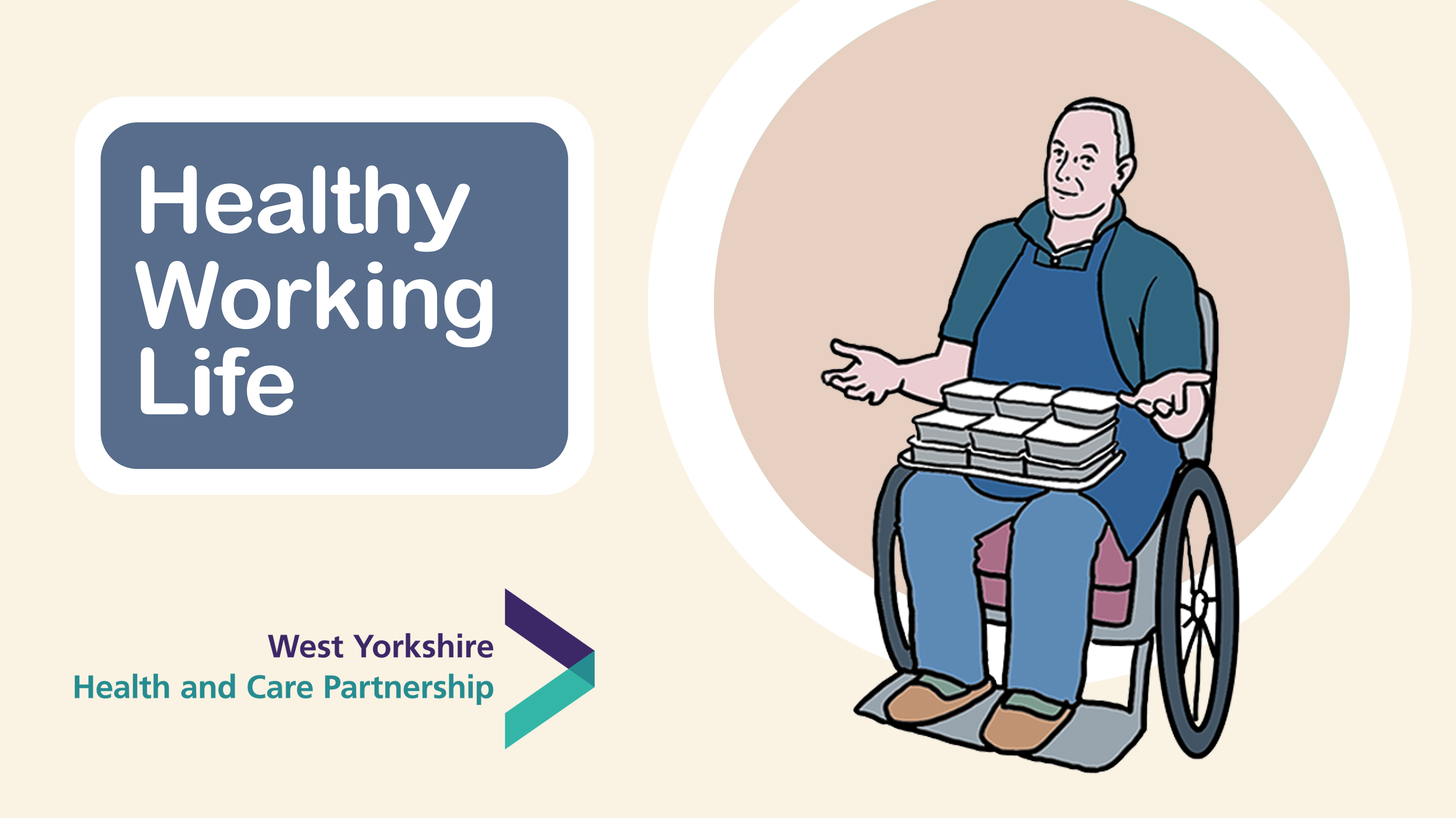 Healthy Working Life graphic of someone in a wheelchair with a tray of butties on his lap