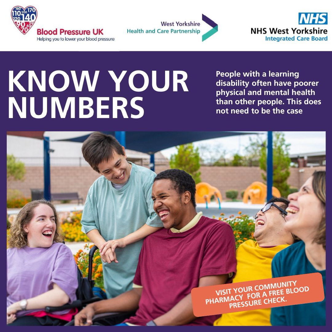 Image shows a group of people laughing. West Yorkshire Health and Care Partnership and NHS ICB logos also included.     
