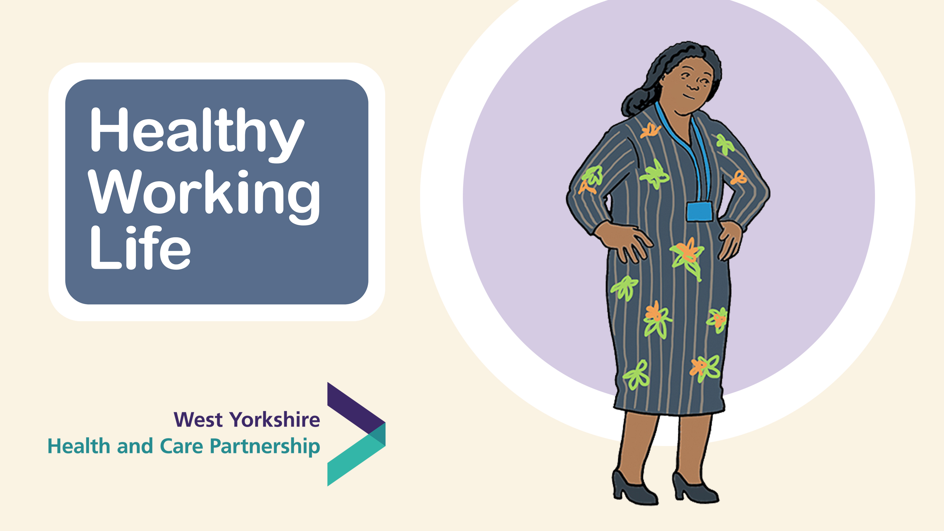 Image of illustrated woman with text reading Healthy Working Life