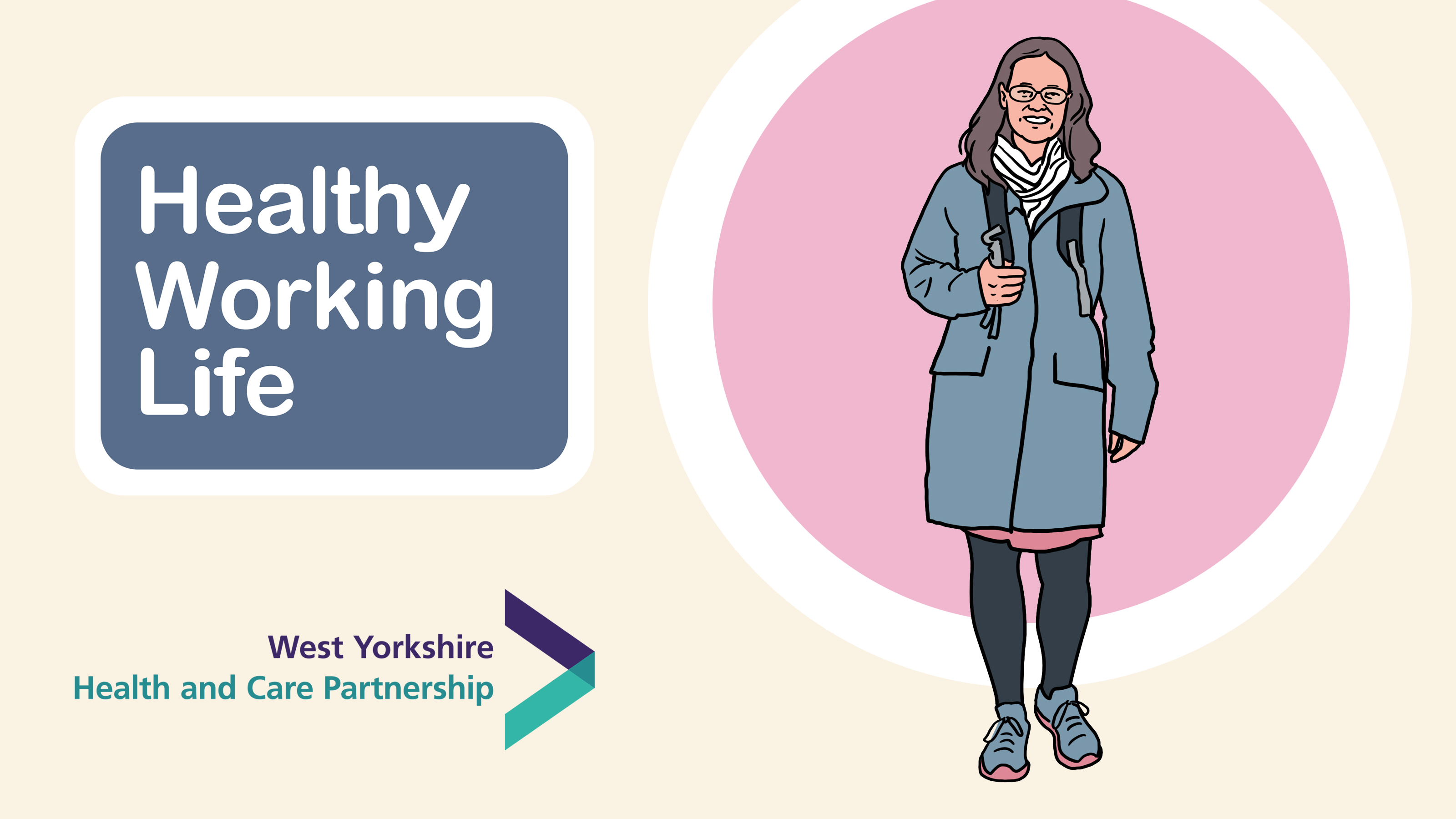Healthy Working Life graphic of woman wearing coat and walking