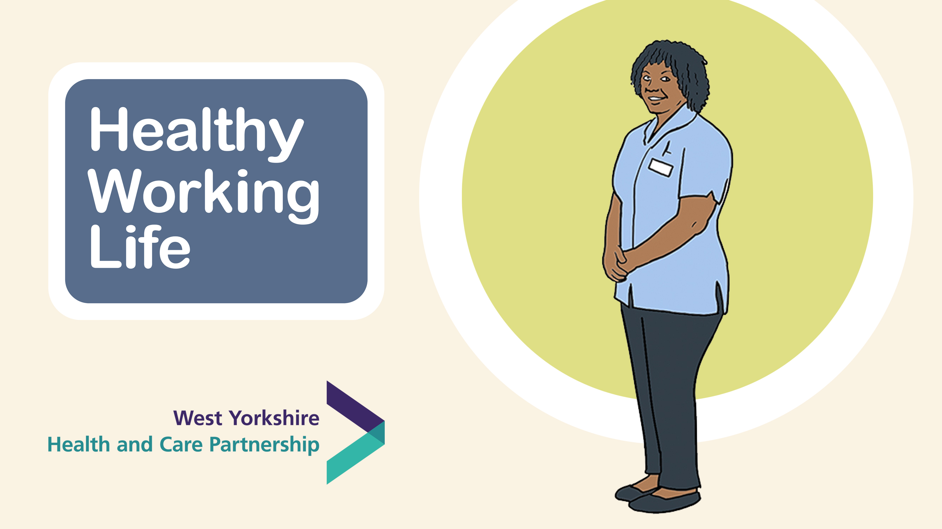 Healthy Working Life graphic with an illustration of a woman waering a healthcare outfit