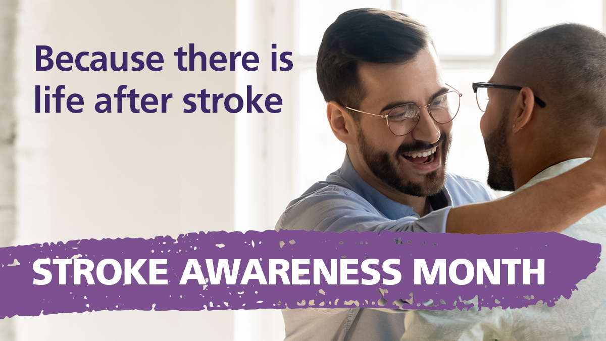 Male friends meeting and looking happy with the words 'Because there is life after stroke'