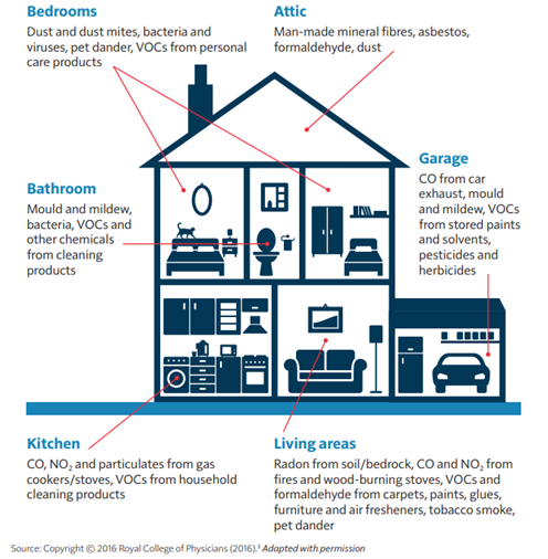 Decorative infographic: indoor air pollution