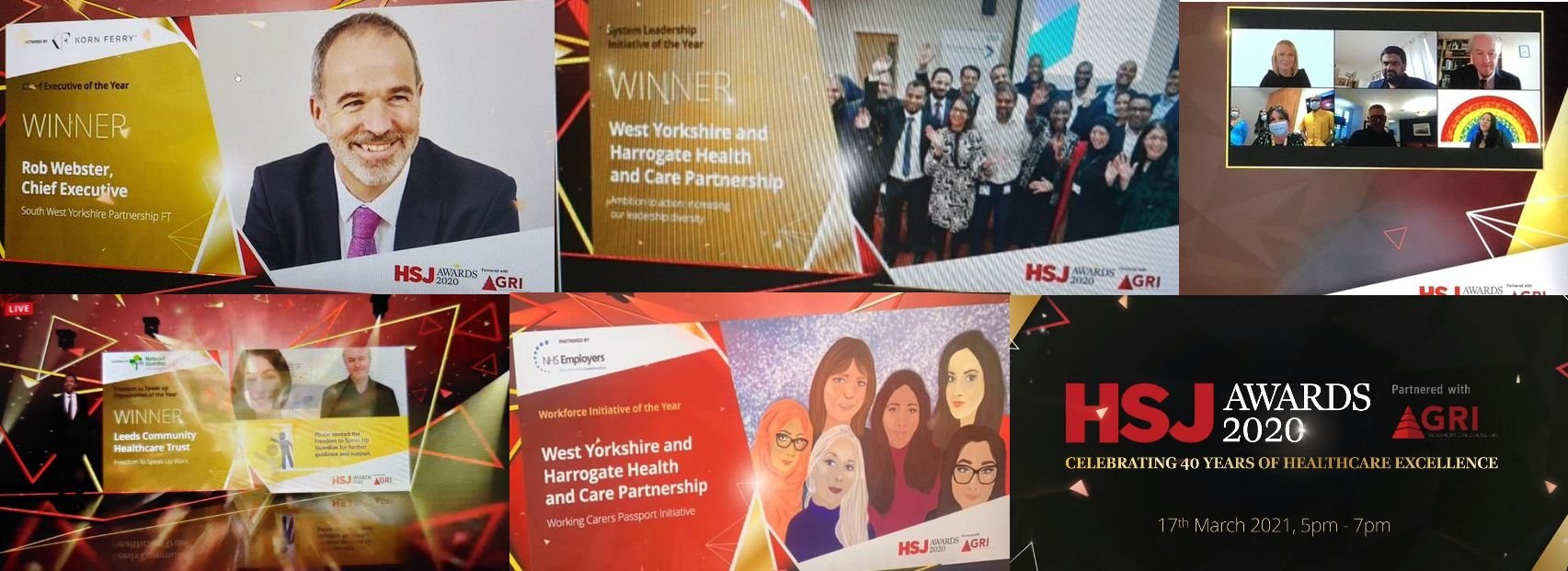 HSJ awards 2020/2021 collage featuring winners from West Yorkshire and Harrogate including Rob Webster, John Walsh, 'promoting leadership diversity' and 'workforce initiative of the year'