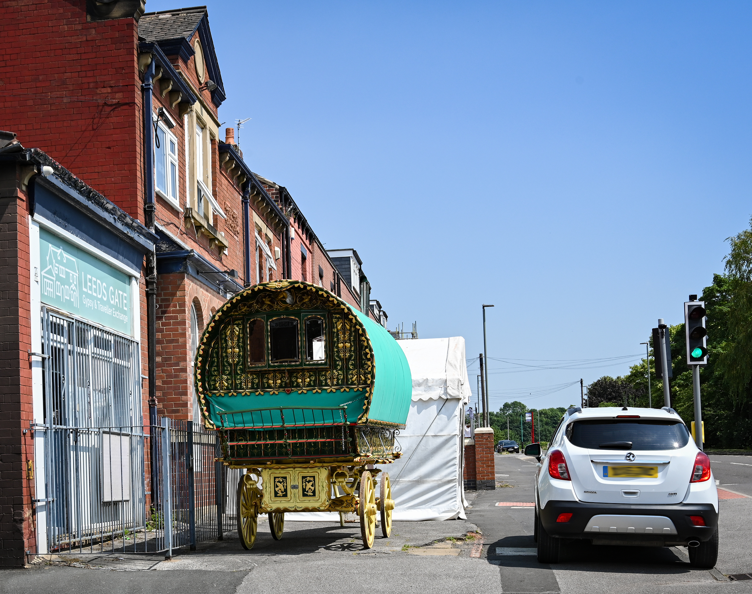 A Gypsy caravan is pictured next to Leeds GATE's office.jpg