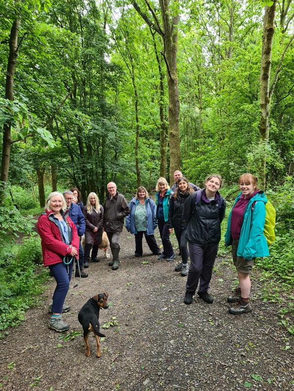 A group of people walking in the woods with their dogs