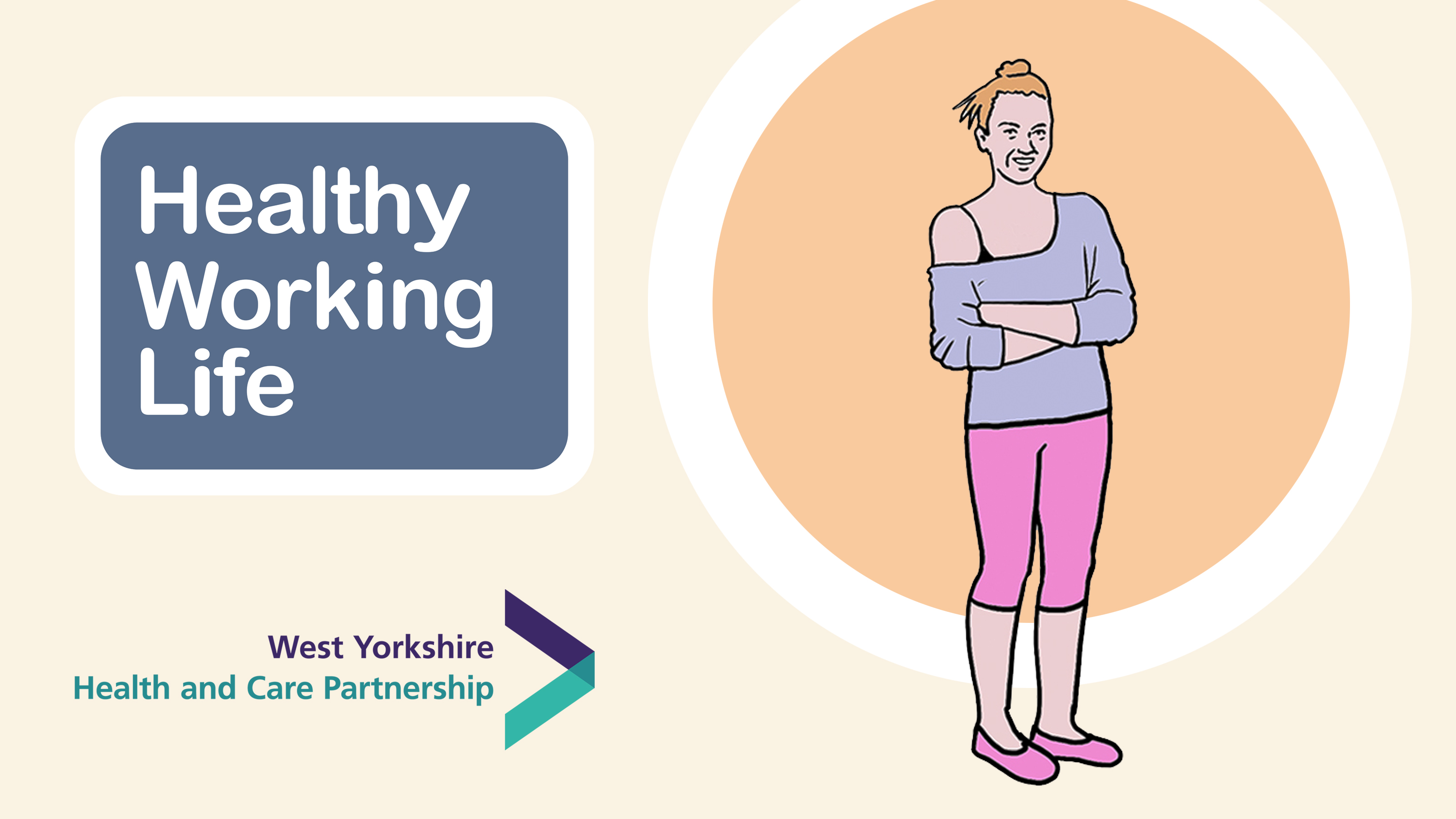 Healthy Working Life graphic showing someone with  an off shoulder top and pink pants