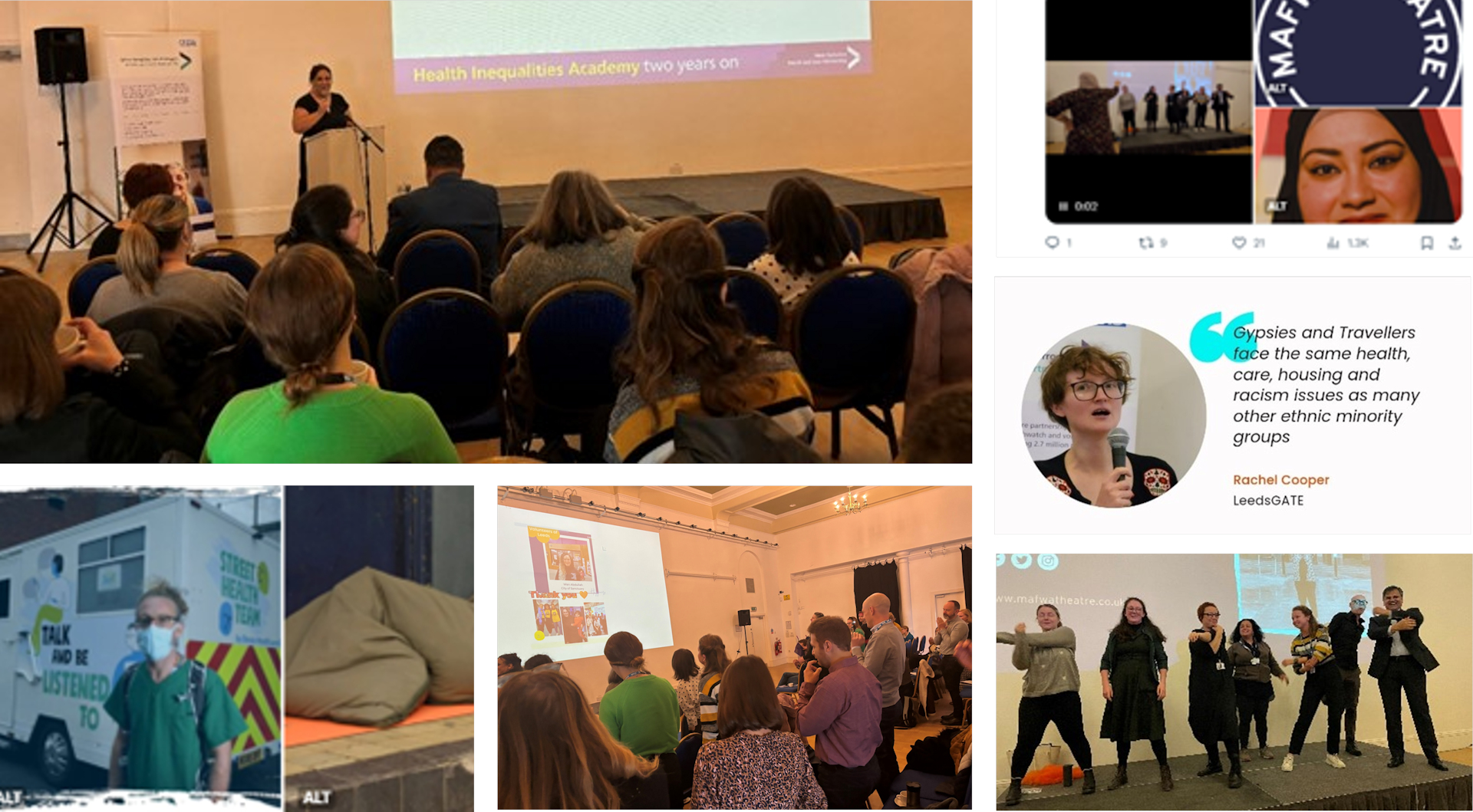 A collage of images and photos from Day 2 of the Health Inequalities Academy event