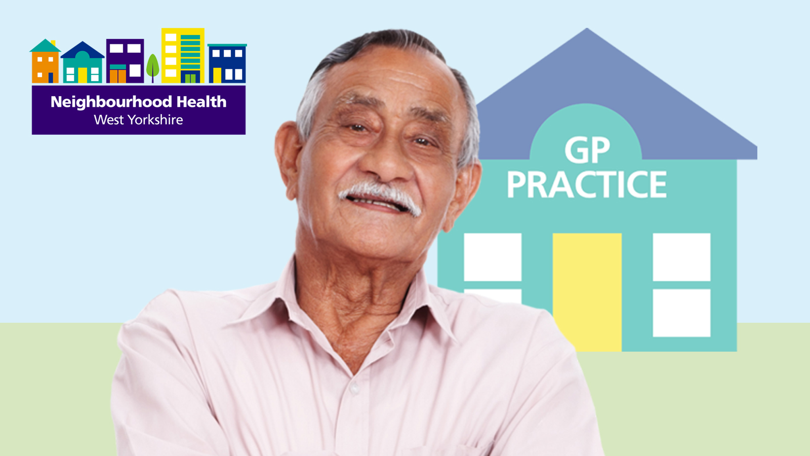 Neighbourhood Health man in front of illustrated GP practice